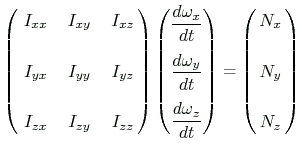 $\displaystyle \left( \begin{array}{@{  }c@{ \quad}c@{ \quad}c@{ }}
I_{xx} ...
...gin{array}{@{ }c@{ }} N_x  [1.5em] N_y  [1.5em] N_z \end{array} \right)
$